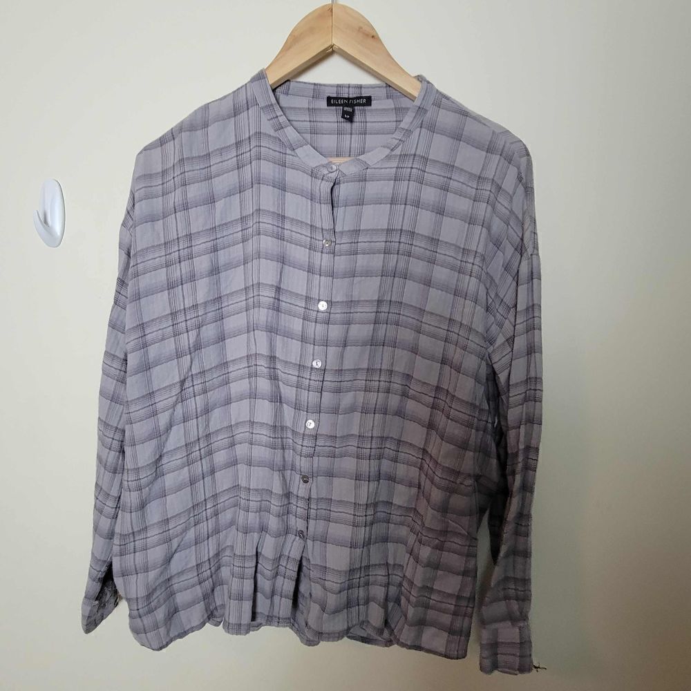 Eileen Fisher Plaid Mandarin Collar Button Down Small